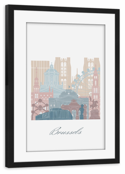 Poster mit Rahmen schwarz "Brüssel Skyline Erdtöne Stil" artboxONE - Städte,Reise,Architektur,Kartografie
