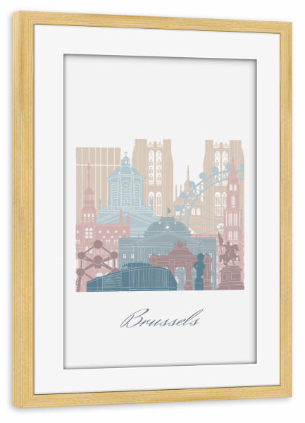 Poster mit Rahmen kiefer "Brüssel Skyline Erdtöne Stil" artboxONE - Städte,Reise,Architektur,Kartografie
