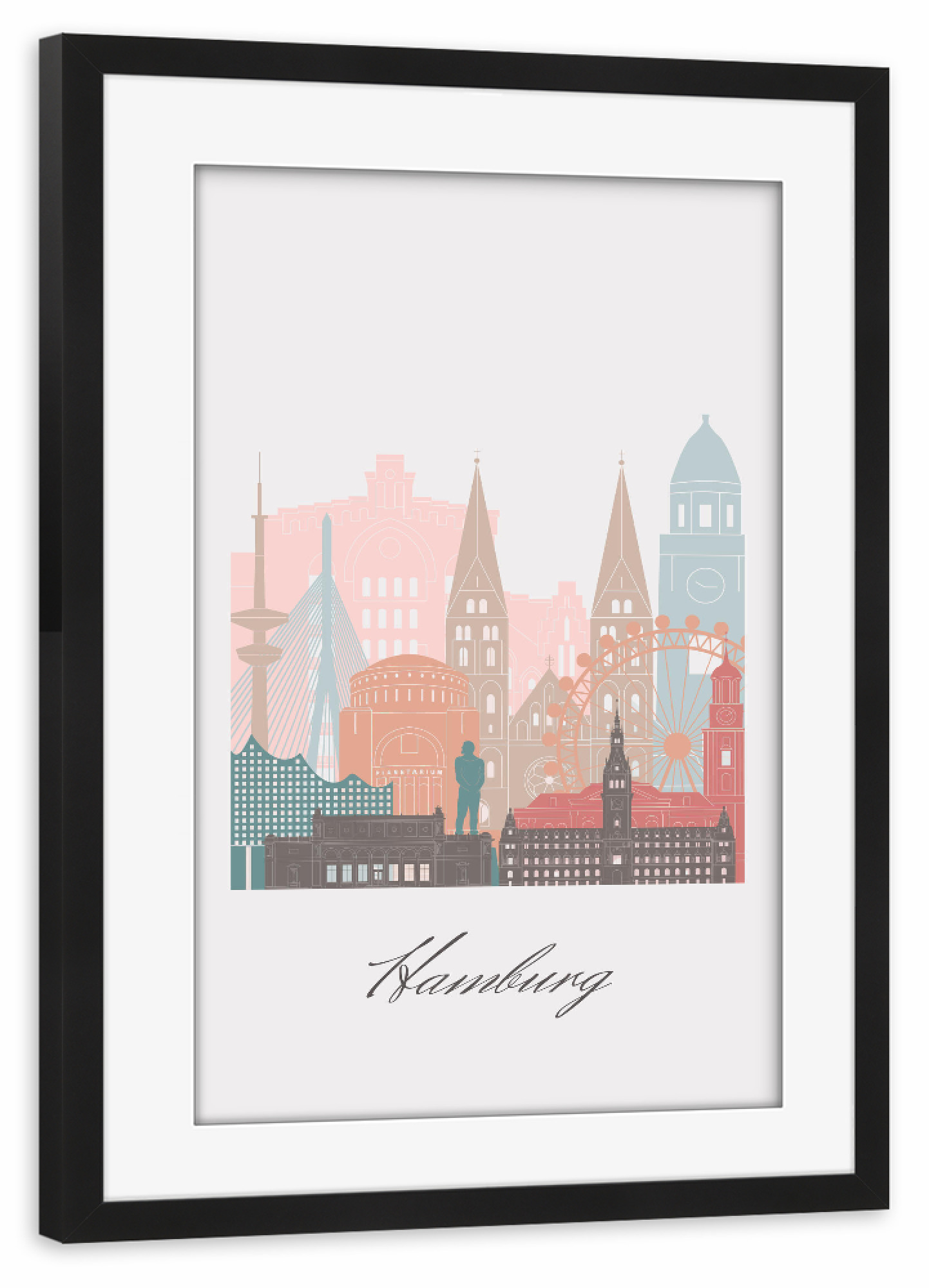 Poster mit Rahmen schwarz "Hamburger Skyline im Pastellstil" artboxONE - Städte,Städte / Hamburg,Reise,Architektur,Kartografie
