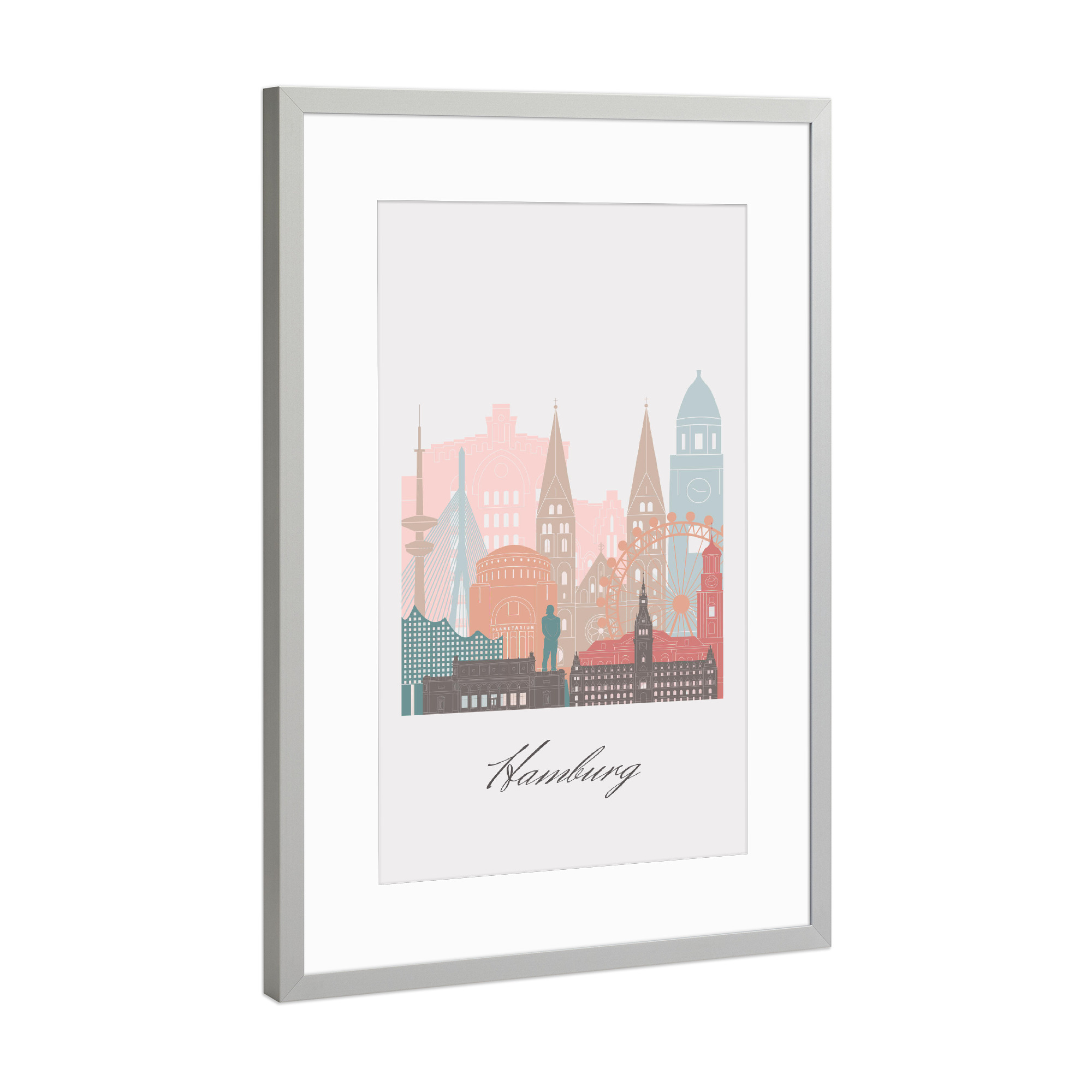 Poster mit Rahmen Silber "Hamburger Skyline im Pastellstil" artboxONE - Städte,Städte / Hamburg,Reise,Architektur,Kartografie