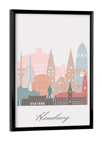 Poster mit schwarzem Rahmen "Hamburger Skyline im Pastellstil" artboxONE - Städte,Städte / Hamburg,Reise,Architektur,Kartografie