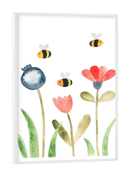 Poster mit weißem Rahmen "Blumenwiese mit Bienen" artboxONE - Natur,Floral,Für Kinder