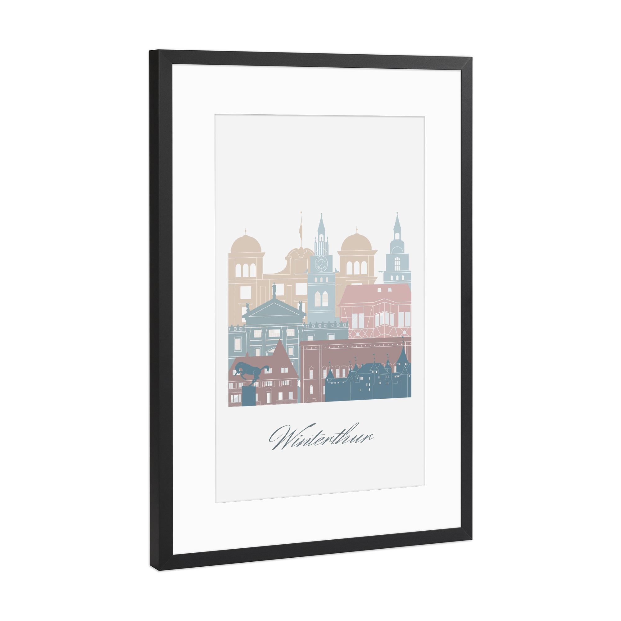 Poster mit Rahmen Schwarz (Metallic) "Skyline - Winterthur in Erdtönen" artboxONE - Städte,Reise,Architektur,Kartografie