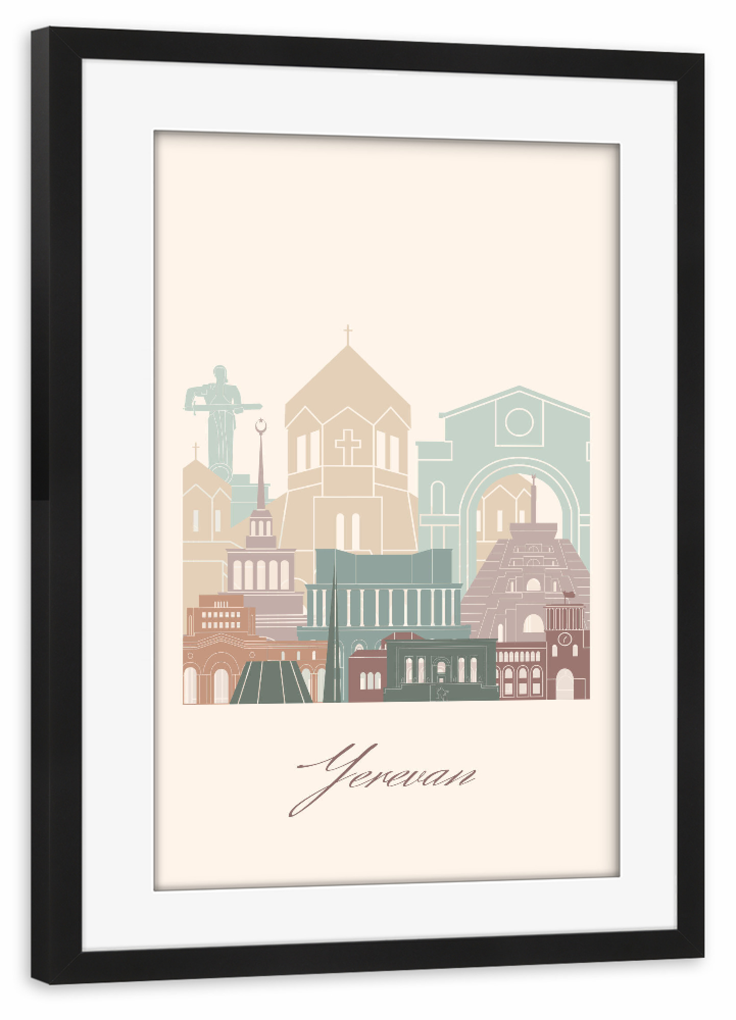 Poster mit Rahmen schwarz "Skyline von Eriwan - Salbeigrün" artboxONE - Städte,Reise,Architektur,Kartografie