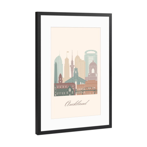 Poster mit Rahmen Schwarz (Metallic) "Skyline von Auckland - Salbeigrün" artboxONE - Städte,Reise,Architektur,Kartografie