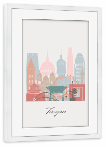 Poster mit Rahmen weiß "Pastellfarbene Skyline von Tianjin" artboxONE - Städte,Reise,Architektur,Kartografie