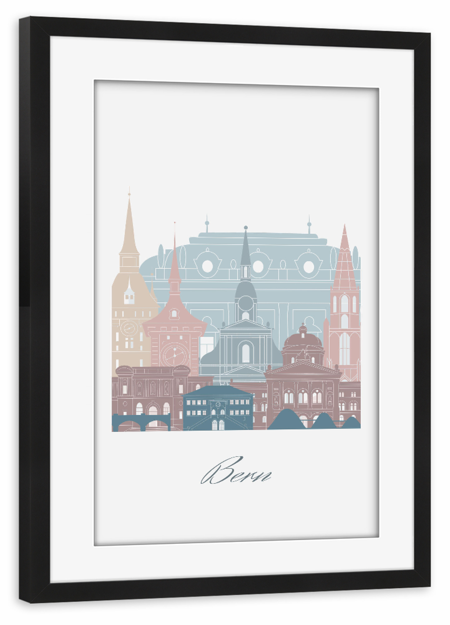 Poster mit Rahmen schwarz "Bern Skyline Erdtöne Stil" artboxONE - Städte,Reise,Architektur,Kartografie