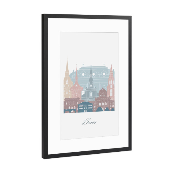 Poster mit Rahmen Schwarz (Metallic) "Bern Skyline Erdtöne Stil" artboxONE - Städte,Reise,Architektur,Kartografie