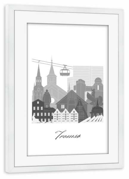 Poster mit Rahmen weiß "Tromsø Skyline schwarz-weiß" artboxONE - Städte,Reise,Architektur,Kartografie