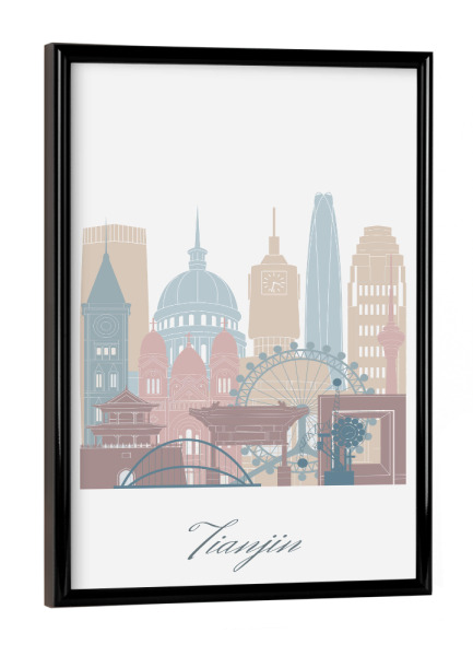 Poster mit schwarzem Rahmen "Skyline von Tianjin in Erdtönen" artboxONE - Städte,Reise,Architektur,Kartografie