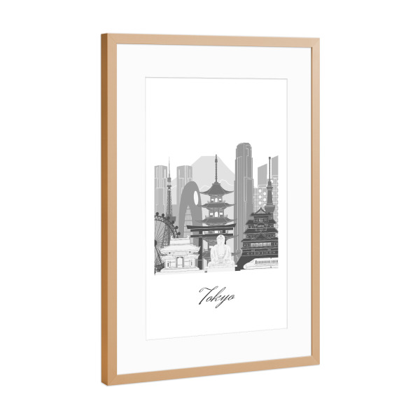 Poster mit Rahmen Kupfer "Tokyo Skyline schwarz-weißer Stil" artboxONE - Städte,Reise,Architektur,Städte / Tokio,Kartografie