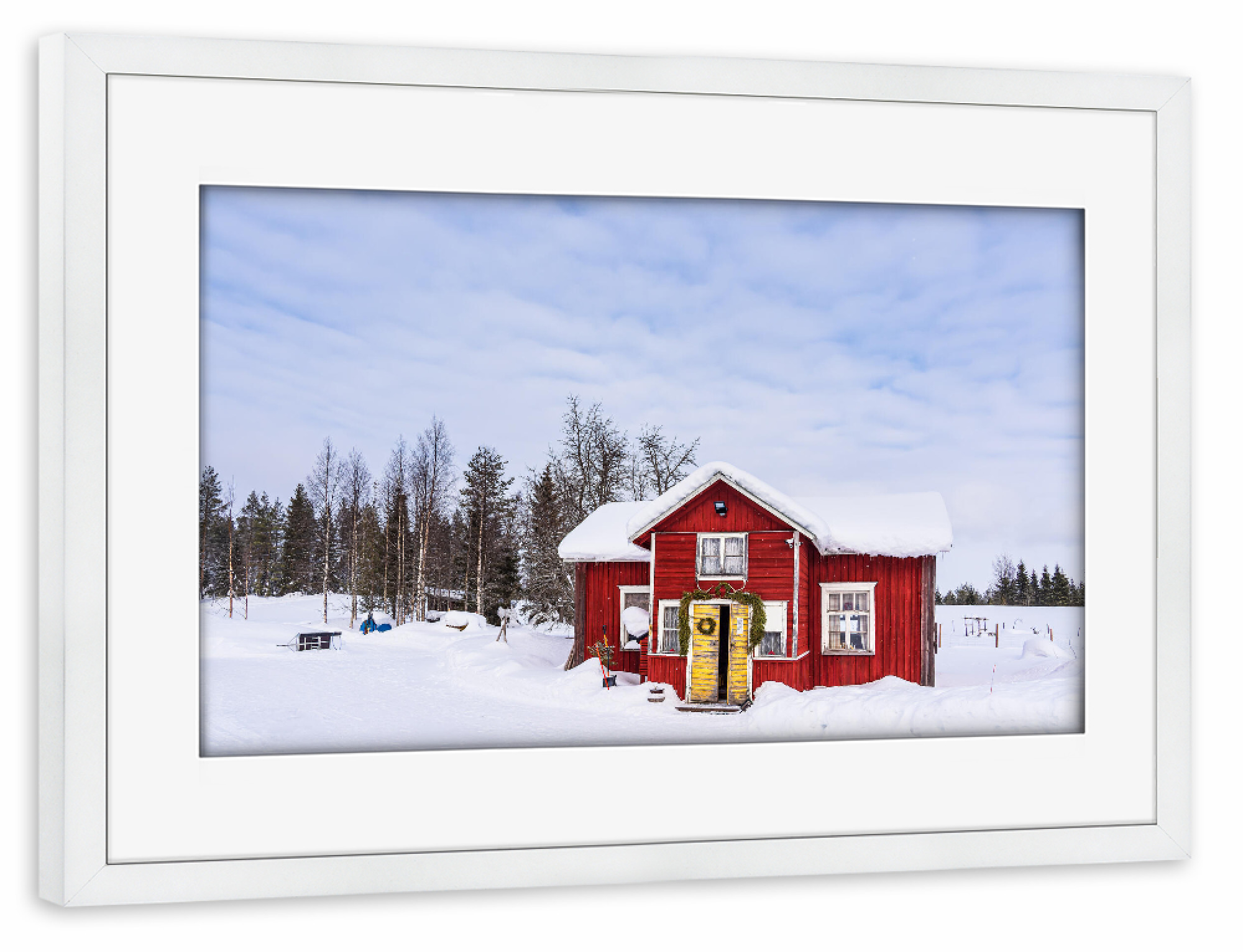 Poster mit Rahmen weiß "Rote Holzhütte im Schnee" artboxONE - Natur,Reise,Architektur,Reise / Länder