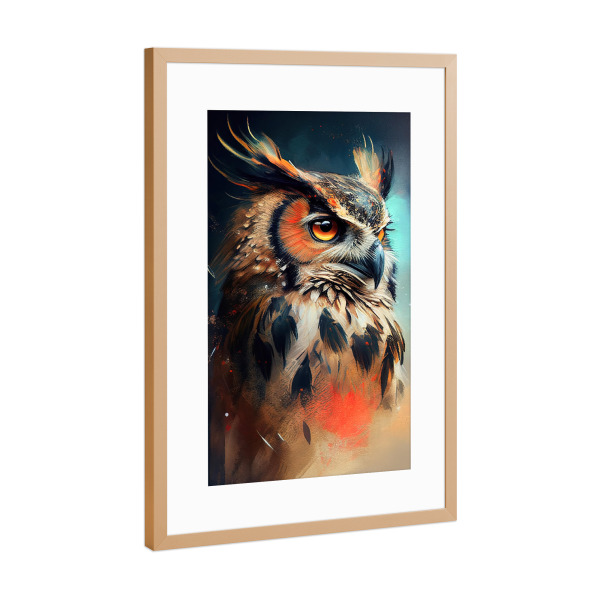 Poster mit Rahmen Kupfer "Eulenmalerei-Porträt" artboxONE - Tiere - Tier,Kunst,Vogel,Leinwand,Bunte,Hübsch,öl,Eule,Farbe,Malerei,Porträt,Aquarell