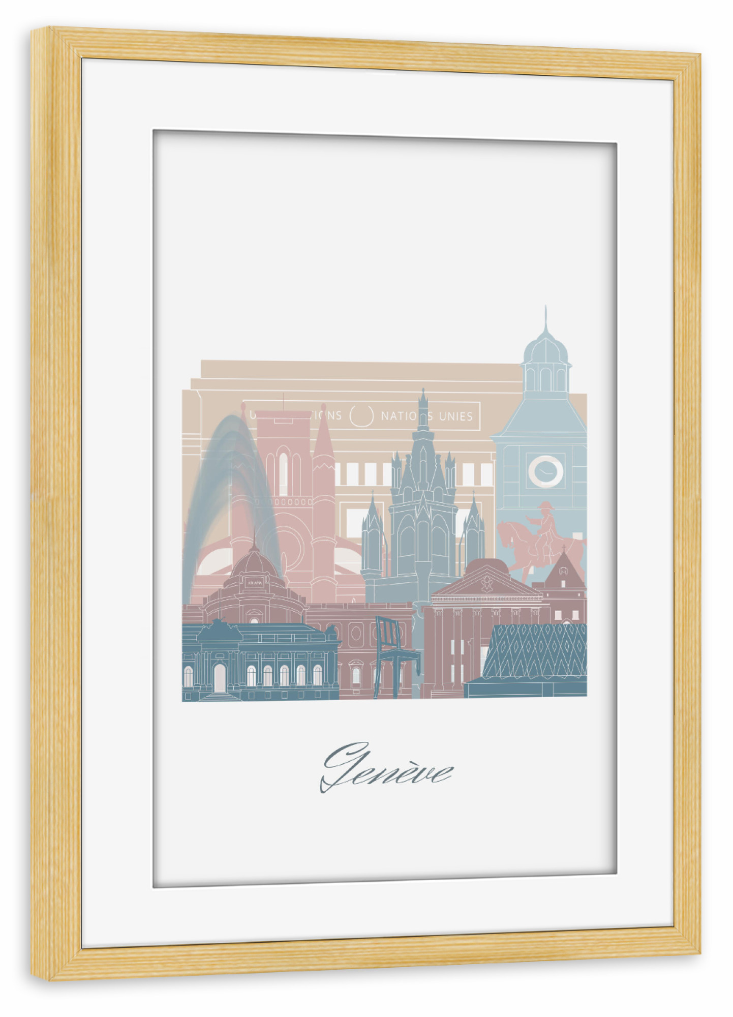 Poster mit Rahmen kiefer "Stil der Genfer Skyline - Erdtöne" artboxONE - Städte,Reise,Architektur,Kartografie