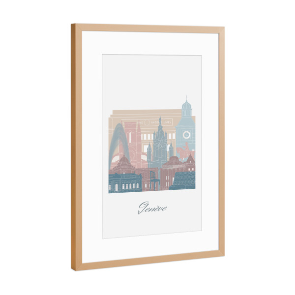 Poster mit Rahmen Kupfer "Stil der Genfer Skyline - Erdtöne" artboxONE - Städte,Reise,Architektur,Kartografie