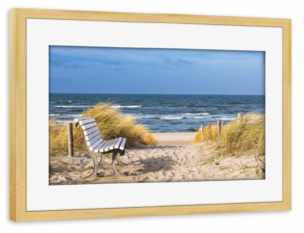 Poster mit Rahmen kiefer "Sitzbank am Strandaufgang" artboxONE - Natur,Reise,Reise / Strand und Meer