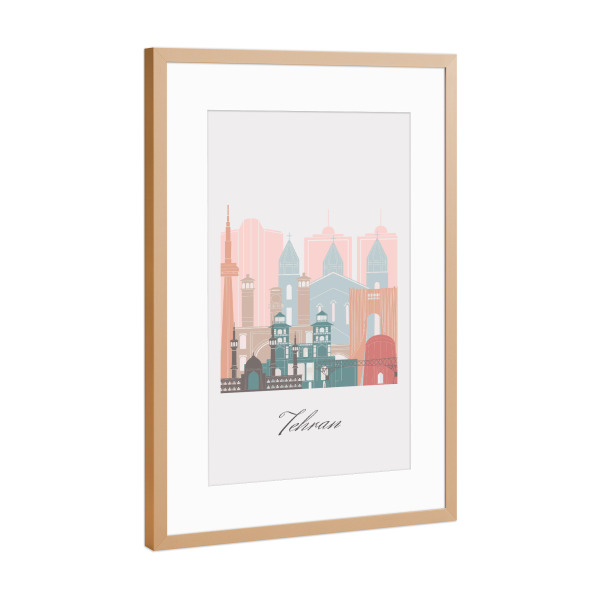 Poster mit Rahmen Kupfer "Pastellstil der Teheraner Skyline" artboxONE - Städte,Reise,Architektur,Kartografie