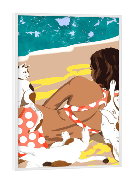 Poster mit weißem Rahmen "Katzenmama am Strand" artboxONE - Tiere,Menschen