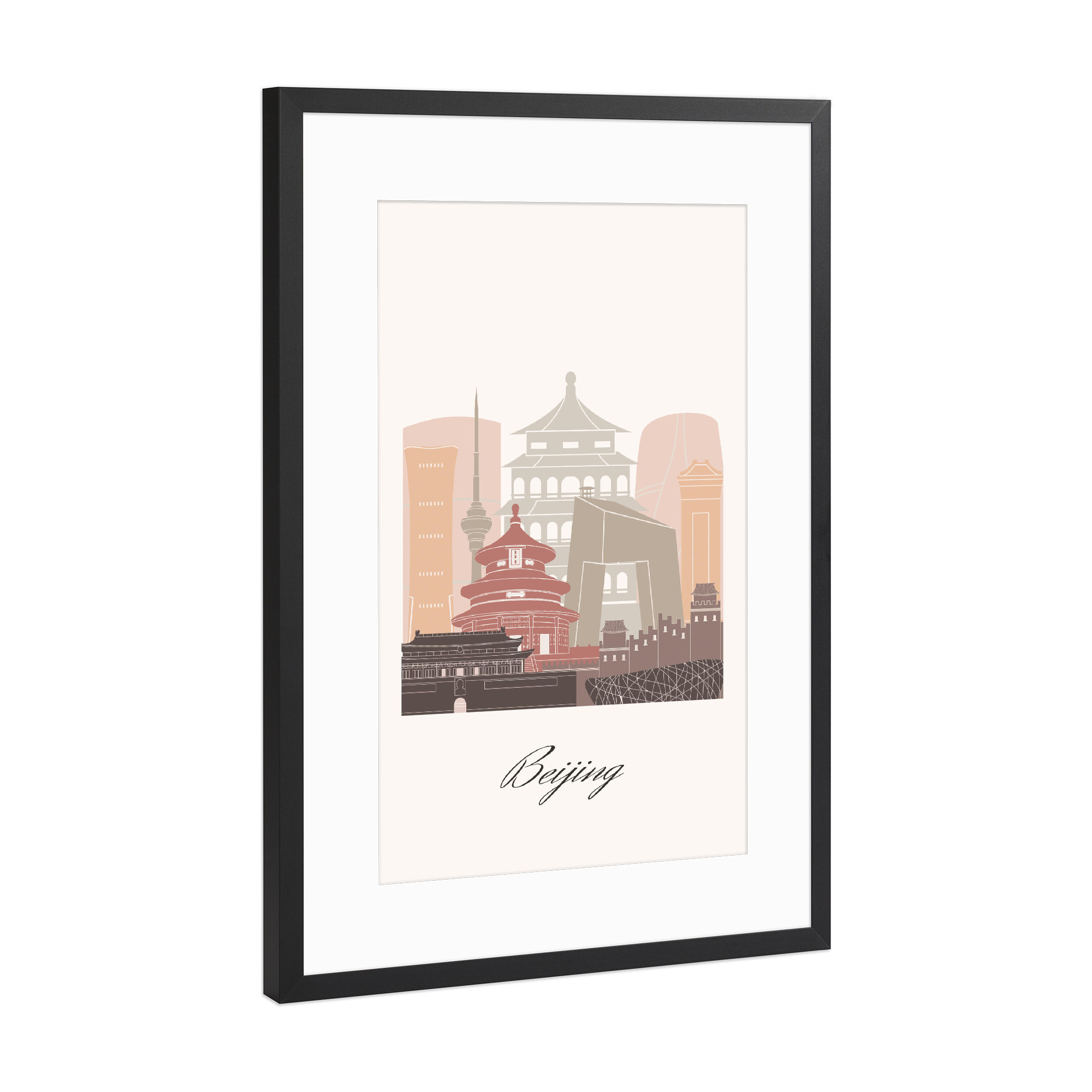Poster mit Rahmen Schwarz (Metallic) "Skyline von Peking in Terrakotta" artboxONE - Städte,Reise,Architektur,Kartografie