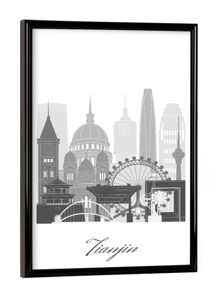 Poster mit schwarzem Rahmen "Tianjin Skyline schwarz-weiß" artboxONE - Städte,Reise,Architektur,Kartografie