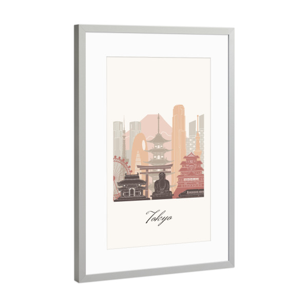 Poster mit Rahmen Silber "Skyline-Terrakotta-Stil von Tokio" artboxONE - Städte,Reise,Architektur,Städte / Tokio,Kartografie