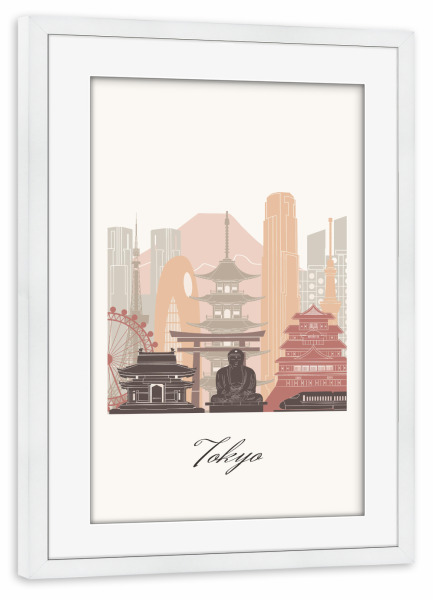 Poster mit Rahmen weiß "Skyline-Terrakotta-Stil von Tokio" artboxONE - Städte,Reise,Architektur,Städte / Tokio,Kartografie