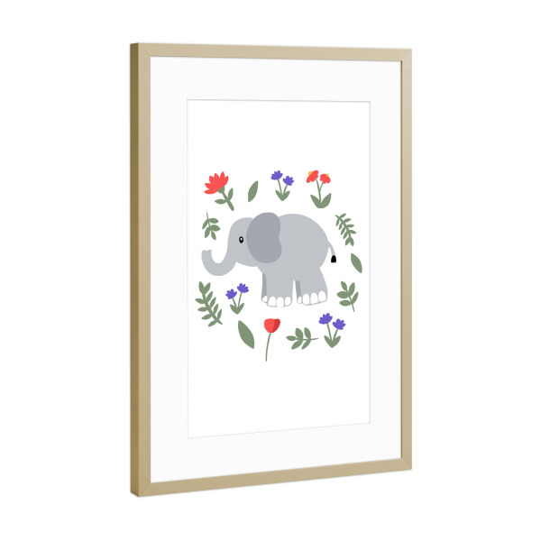Poster mit Rahmen Gold "Elefant mit Blumenwiese" artboxONE - Für Kinder,Tiere