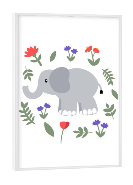 Poster mit weißem Rahmen "Elefant mit Blumenwiese" artboxONE - Für Kinder,Tiere