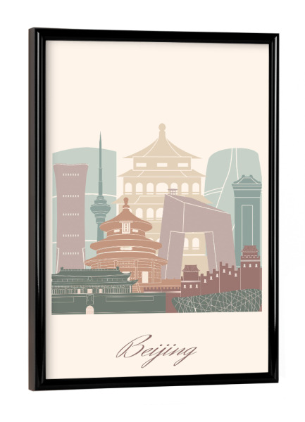 Poster mit schwarzem Rahmen "Skyline von Peking - Salbeigrün" artboxONE - Städte,Reise,Architektur,Kartografie