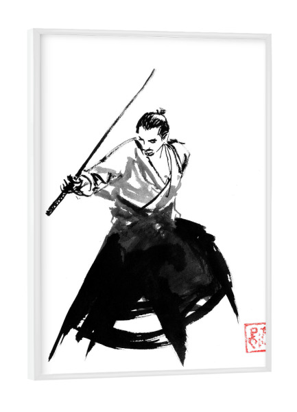 Poster mit weißem Rahmen "Kampf beginnen" artboxONE - Schwarzweiß,Reise / Asien - Samurai,Sumie,Japan