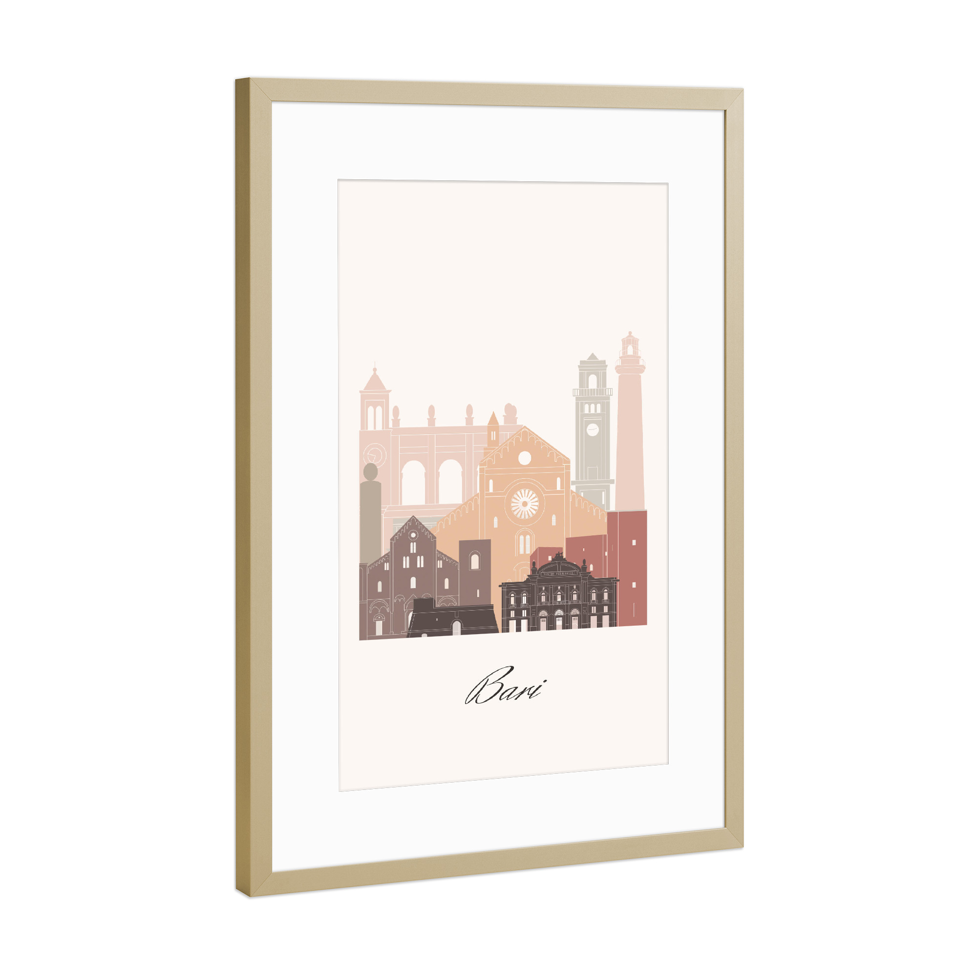 Poster mit Rahmen Gold "Skyline von Bari - Terrakotta-Stil" artboxONE - Städte,Reise,Architektur,Kartografie