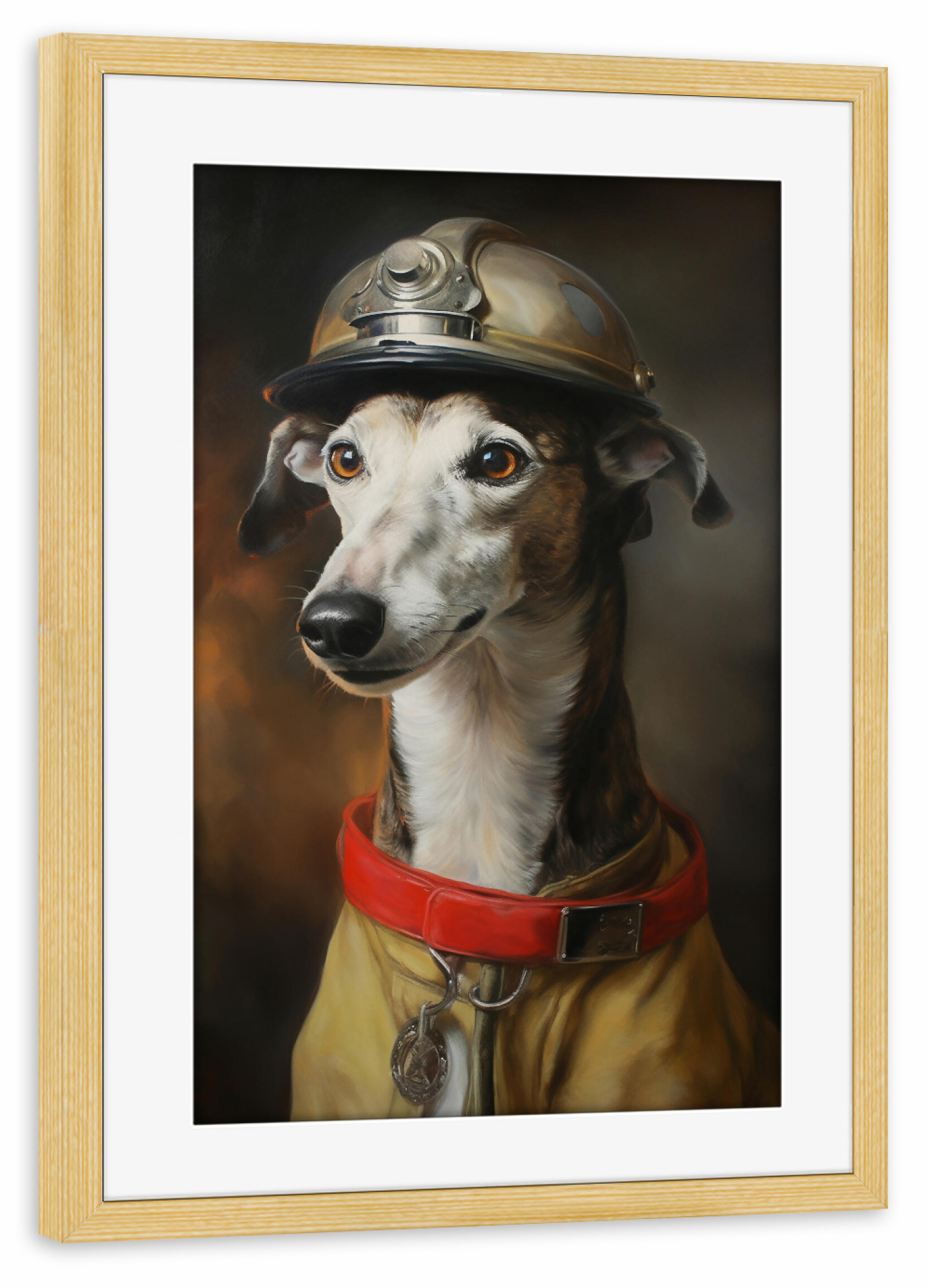 Poster mit Rahmen kiefer "Feuerwehrmann Windhund" artboxONE - Tiere