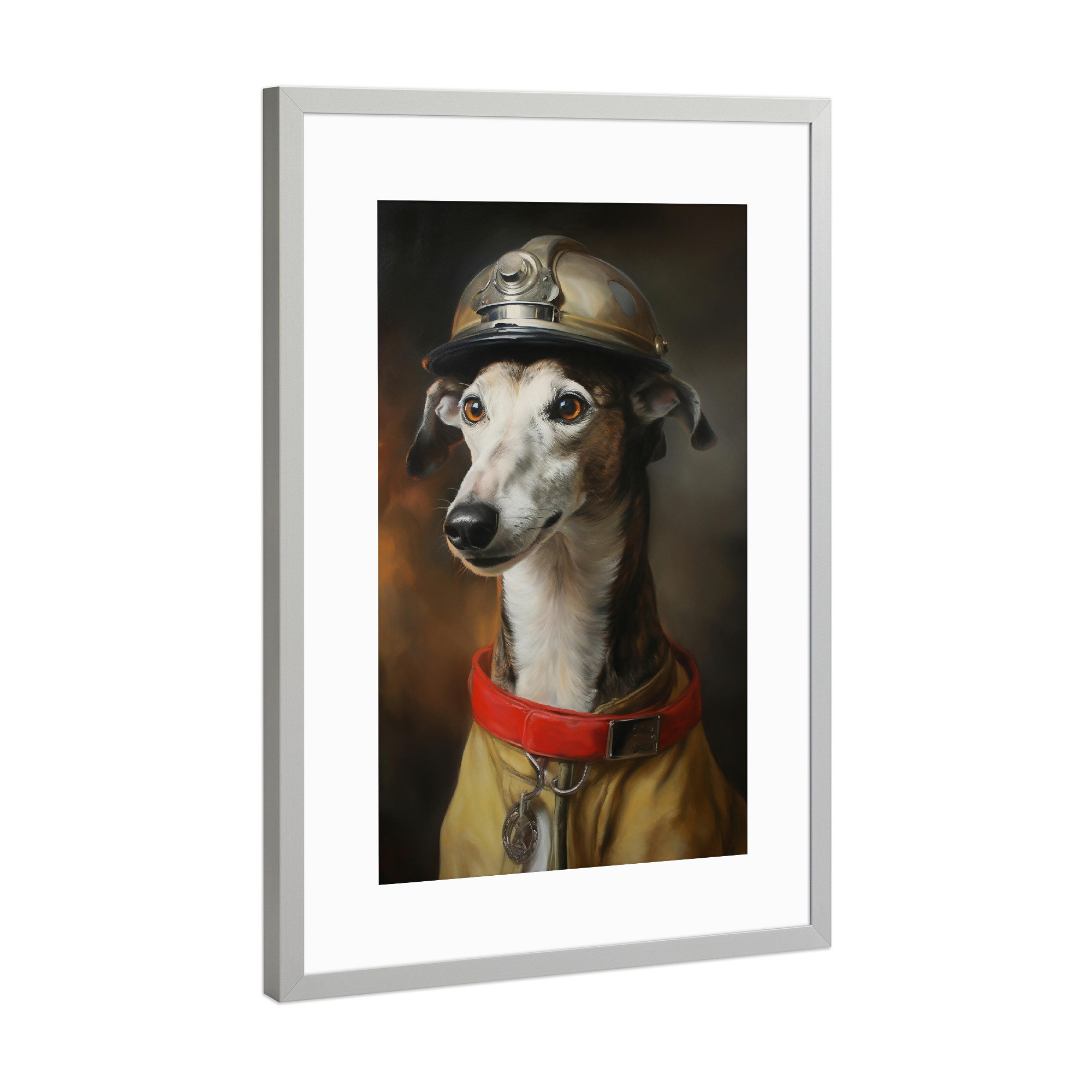 Poster mit Rahmen Silber "Feuerwehrmann Windhund" artboxONE - Tiere