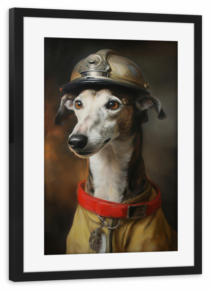 Poster mit Rahmen schwarz "Feuerwehrmann Windhund" artboxONE - Tiere