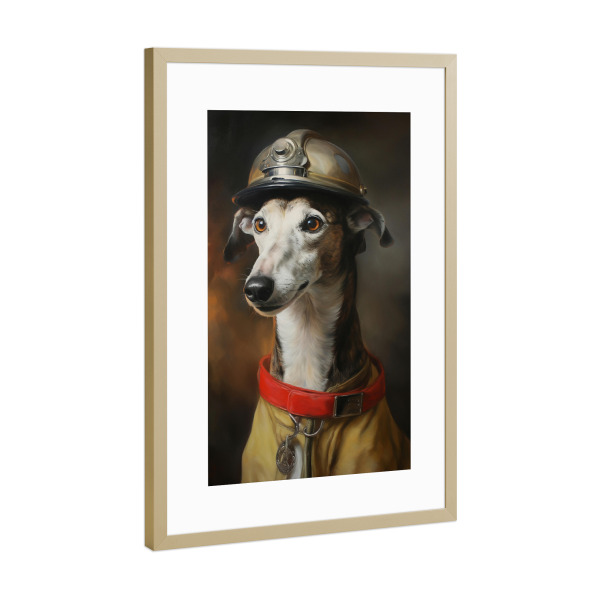 Poster mit Rahmen Gold "Feuerwehrmann Windhund" artboxONE - Tiere