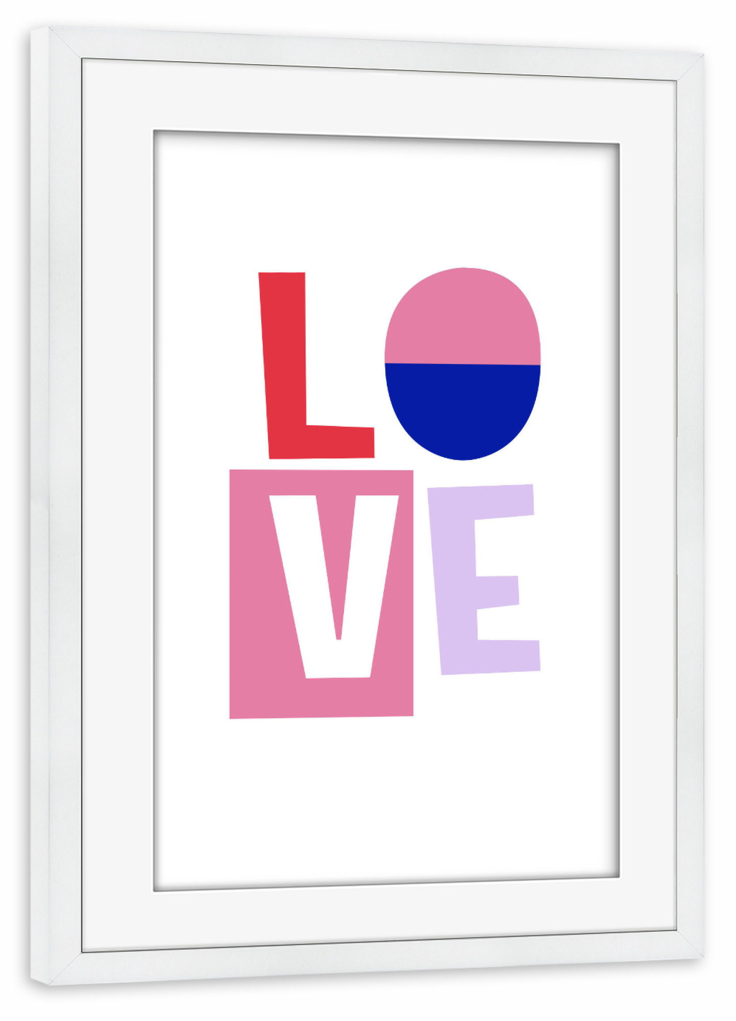 Poster mit Rahmen weiß "LOVE cut out" artboxONE - Typografie,Liebe - Typografie,Love,Liebe,Modern,Paperart,Cut out,Bold,Farbenfroh,Farbig,Bunt
