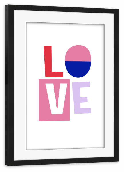 Poster mit Rahmen schwarz "LOVE cut out" artboxONE - Typografie,Liebe - Typografie,Love,Liebe,Modern,Paperart,Cut out,Bold,Farbenfroh,Farbig,Bunt