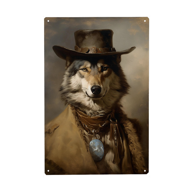 Metall Poster "Cowboy Wolf" artboxONE - Tiere - Wolf,Tier,Tier in kleidung,ölgemälde,ölporträt,Antiquität,Porträt,Wilder westen,Western,Cowboy,Ranch