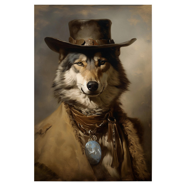 Poster 30x20 cm "Cowboy Wolf" artboxONE - Tiere - Wolf,Tier,Tier in kleidung,ölgemälde,ölporträt,Antiquität,Porträt,Wilder westen,Western,Cowboy,Ranch