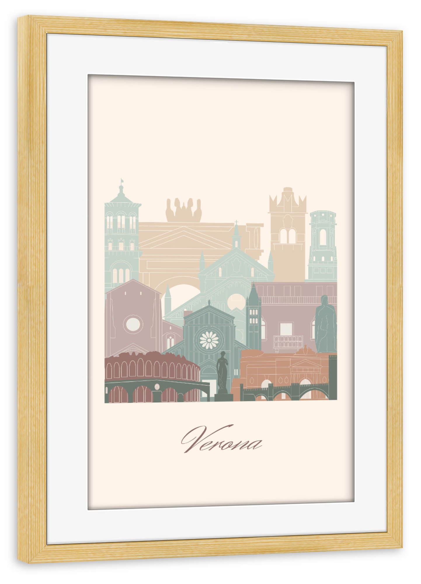 Poster mit Rahmen kiefer "Salbeigrün - Skyline von Verona" artboxONE - Städte,Reise,Architektur,Kartografie
