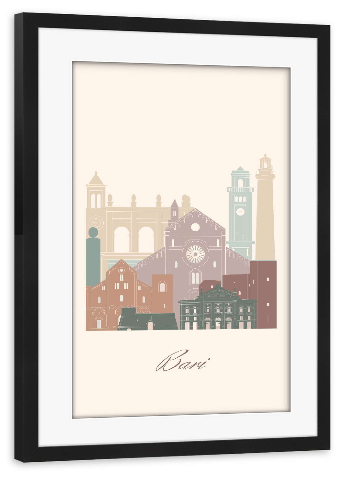 Poster mit Rahmen schwarz "Skyline von Bari - Salbeigrün" artboxONE - Städte,Reise,Architektur,Kartografie