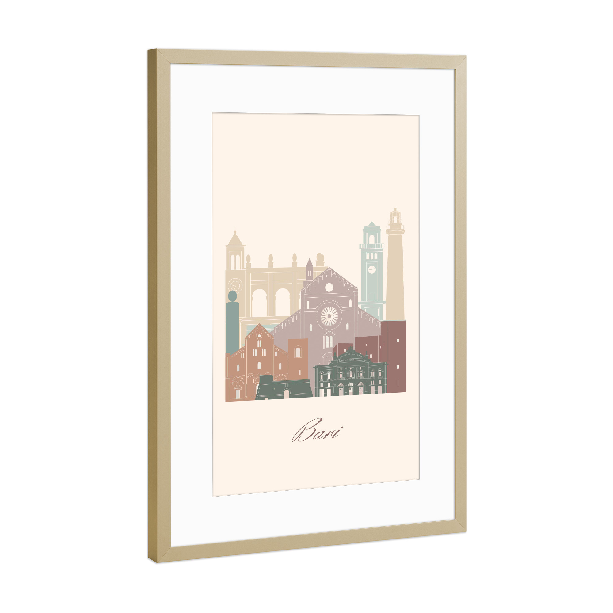 Poster mit Rahmen Gold "Skyline von Bari - Salbeigrün" artboxONE - Städte,Reise,Architektur,Kartografie