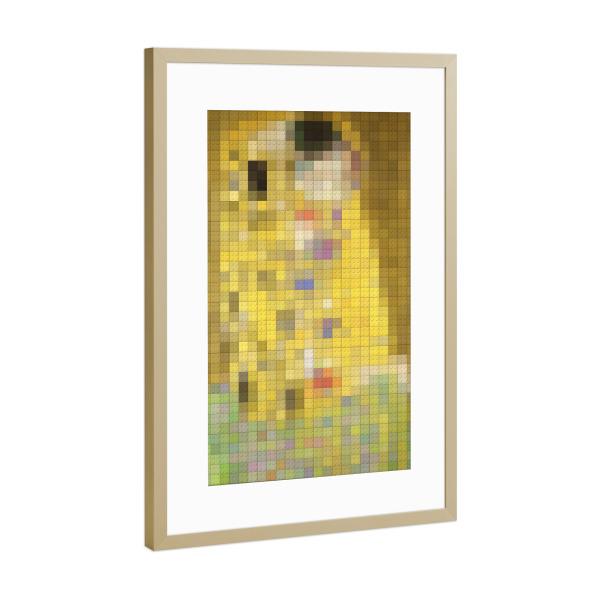 Poster mit Rahmen Gold "Der Kuss (Baustein)" artboxONE - Menschen,Liebe,Lustig - Gustav klimt,Der kuss,Liebe,Baustein,Collage,Pixel