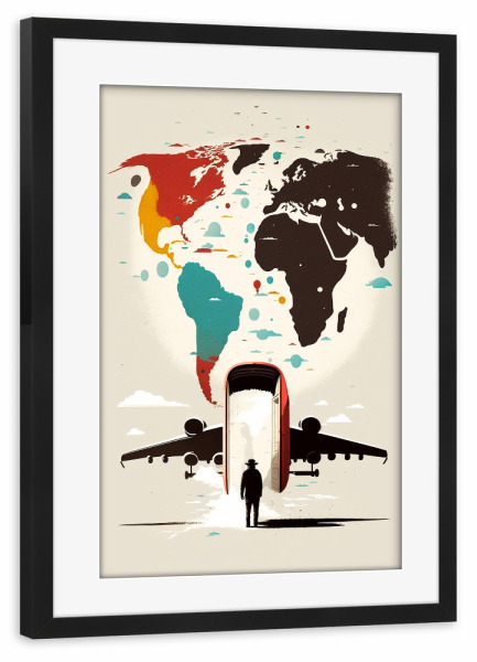Poster mit Rahmen schwarz "Reise um die Welt" artboxONE - Reise - Flugzeug,Erde,Reisen,Digital art,Weltweit,Flug,Städtereisen,Holyday,Tourist