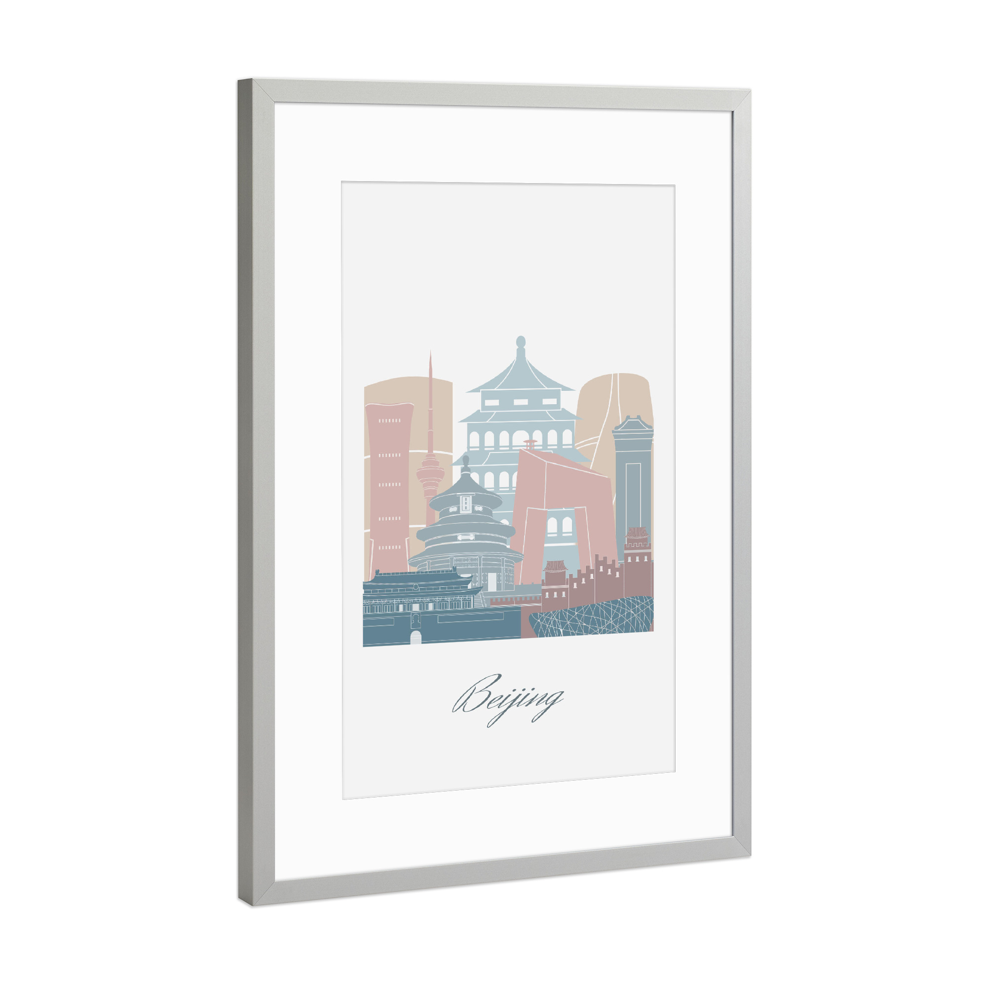 Poster mit Rahmen Silber "Beijing Skyline Erdtöne Stil" artboxONE - Städte,Reise,Architektur,Kartografie