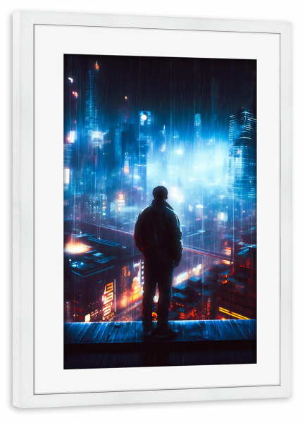 Poster mit Rahmen weiß "Ein Cyberpunk-Superheld" artboxONE - Städte,Menschen,Für Papa
