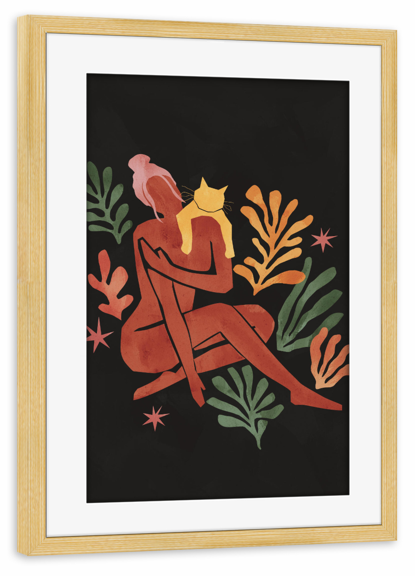 Poster mit Rahmen kiefer "Frühlingstag - Frau mit Katze" artboxONE - Floral,Tiere,Abstrakt
