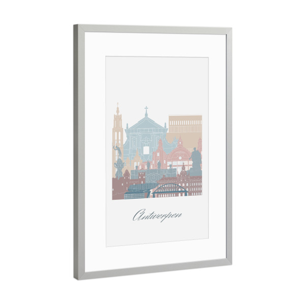Poster mit Rahmen Silber "Antwerpen Skyline Erdtöne" artboxONE - Städte,Reise,Architektur,Kartografie
