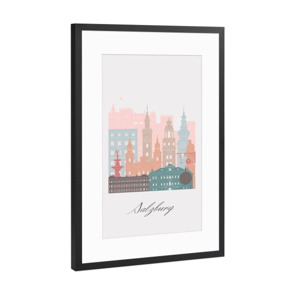 Poster mit Rahmen Schwarz (Metallic) "Salzburger Skyline im Pastellstil" artboxONE - Städte,Reise,Architektur,Kartografie