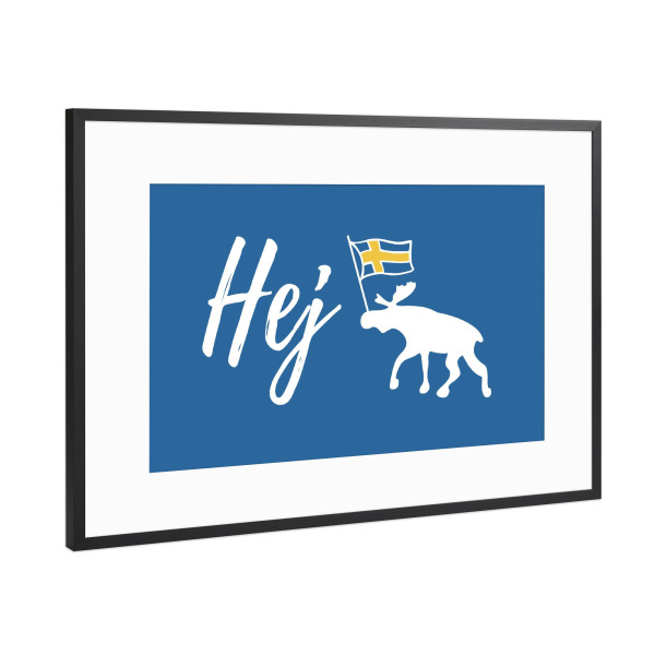 Poster mit Rahmen Schwarz (Metallic) "Hej Schweden Elch mit Flagge" artboxONE - Typografie,Reise,Tiere,Städte / Stockholm